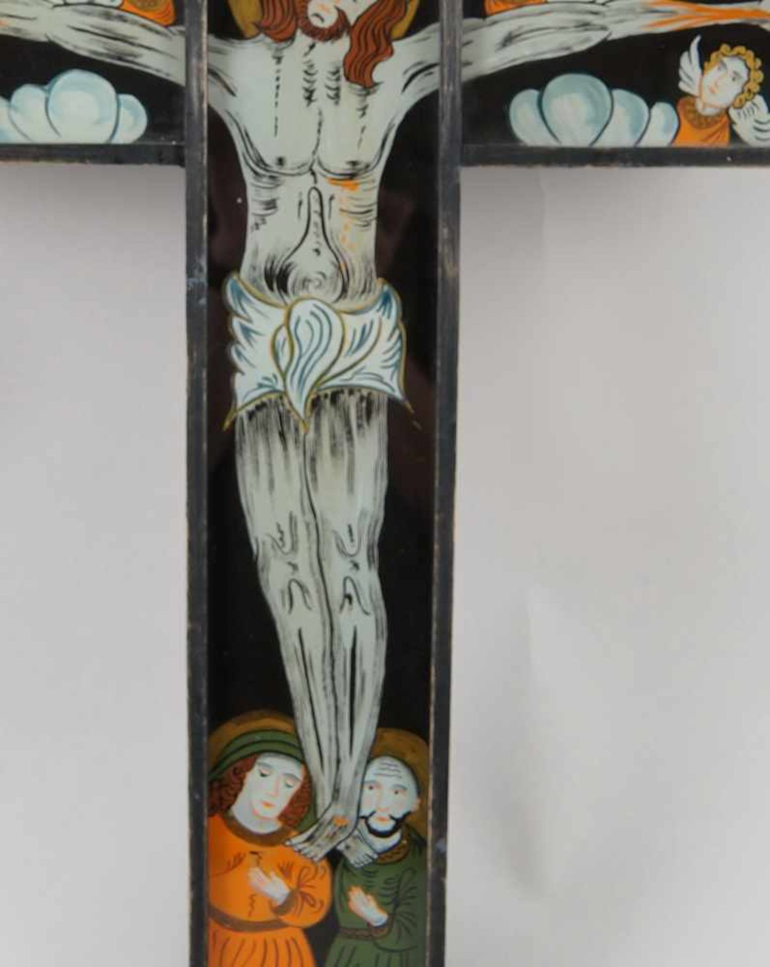 Kruzifix, Holzkorpus mit Hinterglasmalerei, 65x40cm- - -24.00 % buyer's premium on the hammer - Bild 4 aus 7