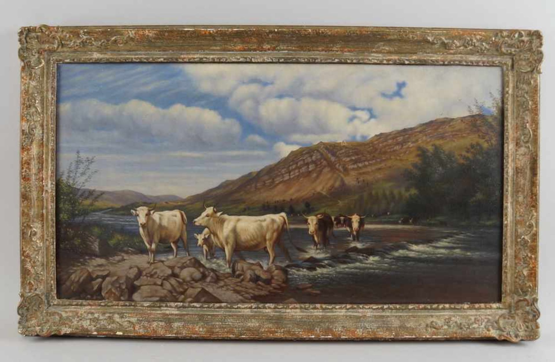 Kühe am Fluss, auf der Rückseite bezeichnet, Öl auf Leinwand, gerahmt, besch., 45x76cm- - -24.00 %