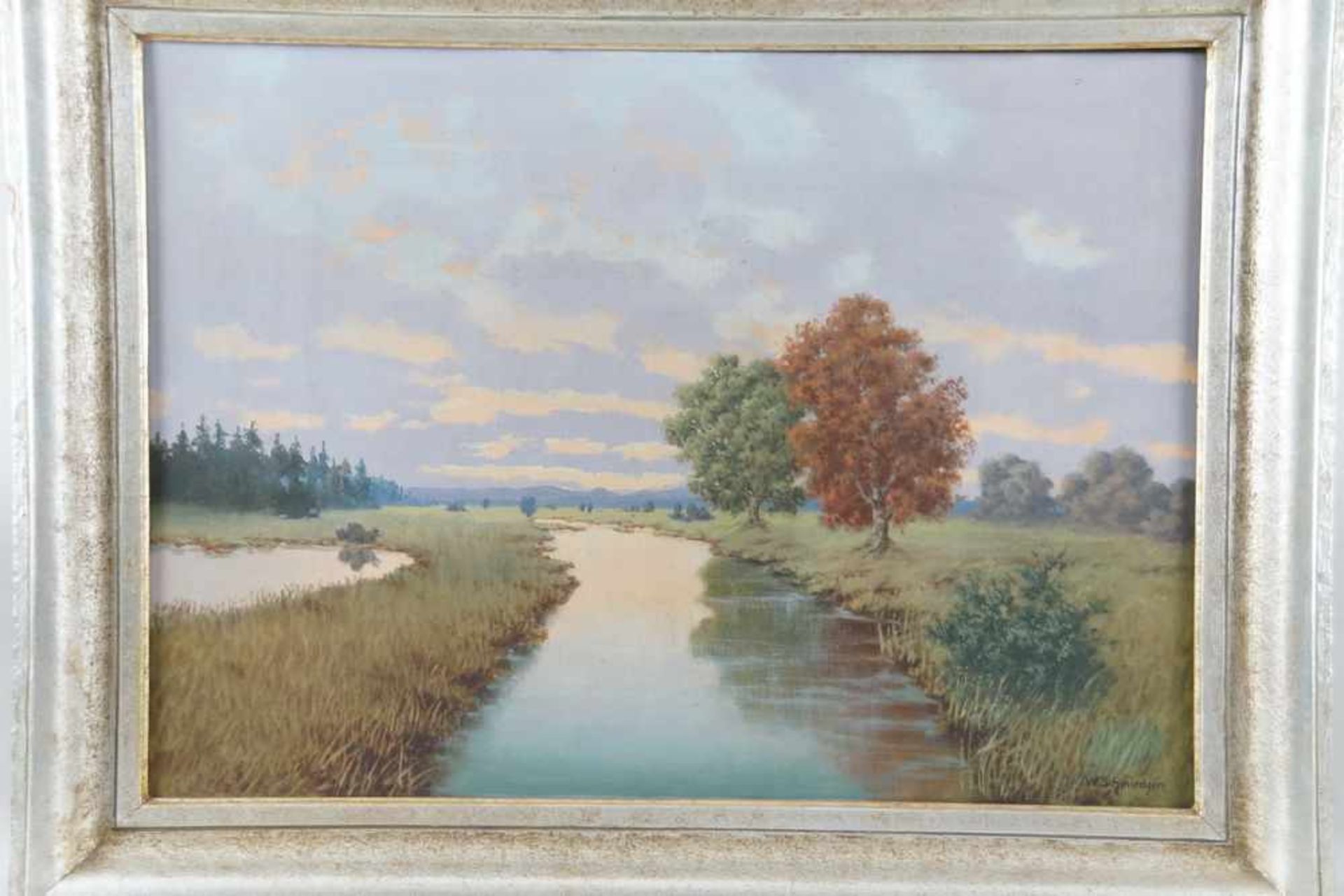 Landschaft mit Fluss, Öl auf Leinwand, gerahmt, signiert, W. Schmiedgen, 66,5x80 cm- - -24.00 % - Bild 2 aus 4