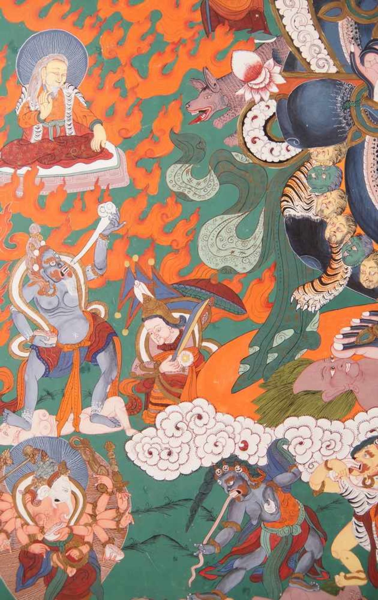 Tibetanische Thanka / Thanga auf zartem Stoff gemalen, fixiert auf Holzplatte, sehrfiligran, wohl um - Bild 5 aus 11