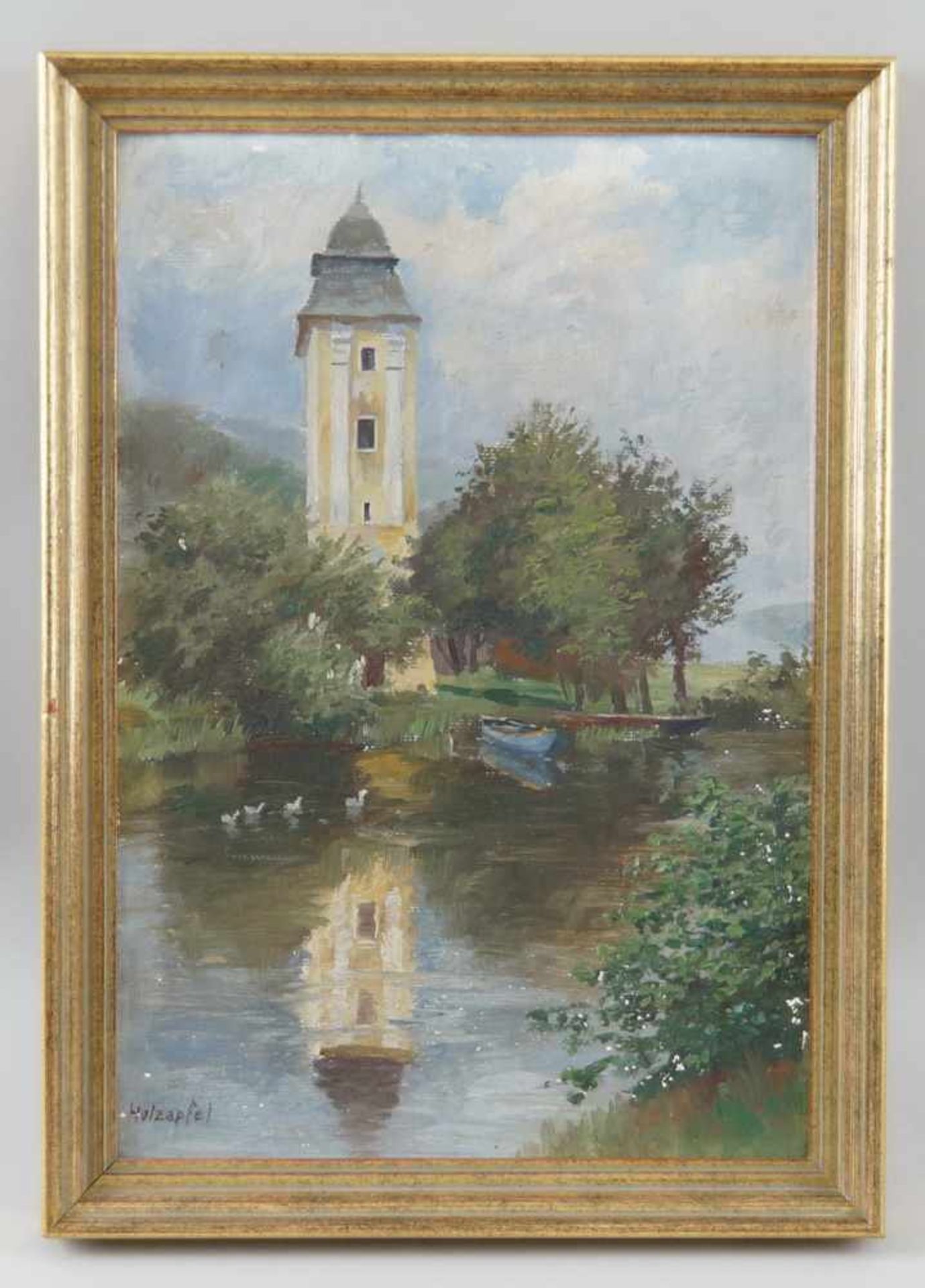 Hans Holzapfel, 1884- 1960 München, Wasserturm am Gewässer, Öl auf Malkarton, gerahmt,signiert,