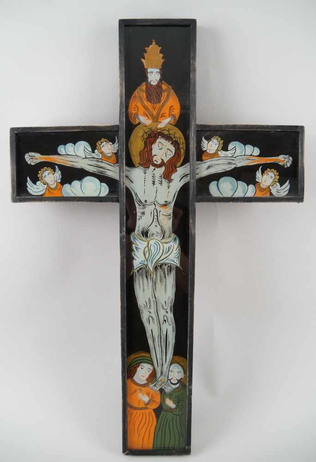 Kruzifix, Holzkorpus mit Hinterglasmalerei, 65x40cm- - -24.00 % buyer's premium on the hammer - Bild 6 aus 7