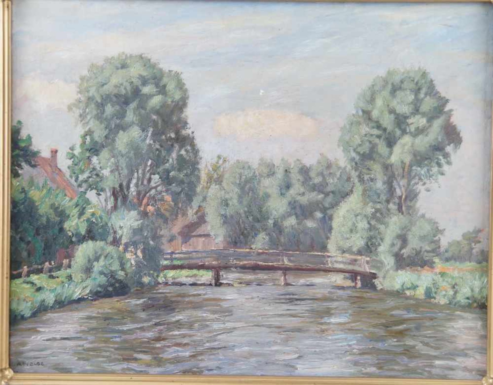 Landschaft mit Holzbrücke über Gewässer, Öl auf Leinwand, gerahmt, signiert, A. Weise, - Bild 3 aus 7
