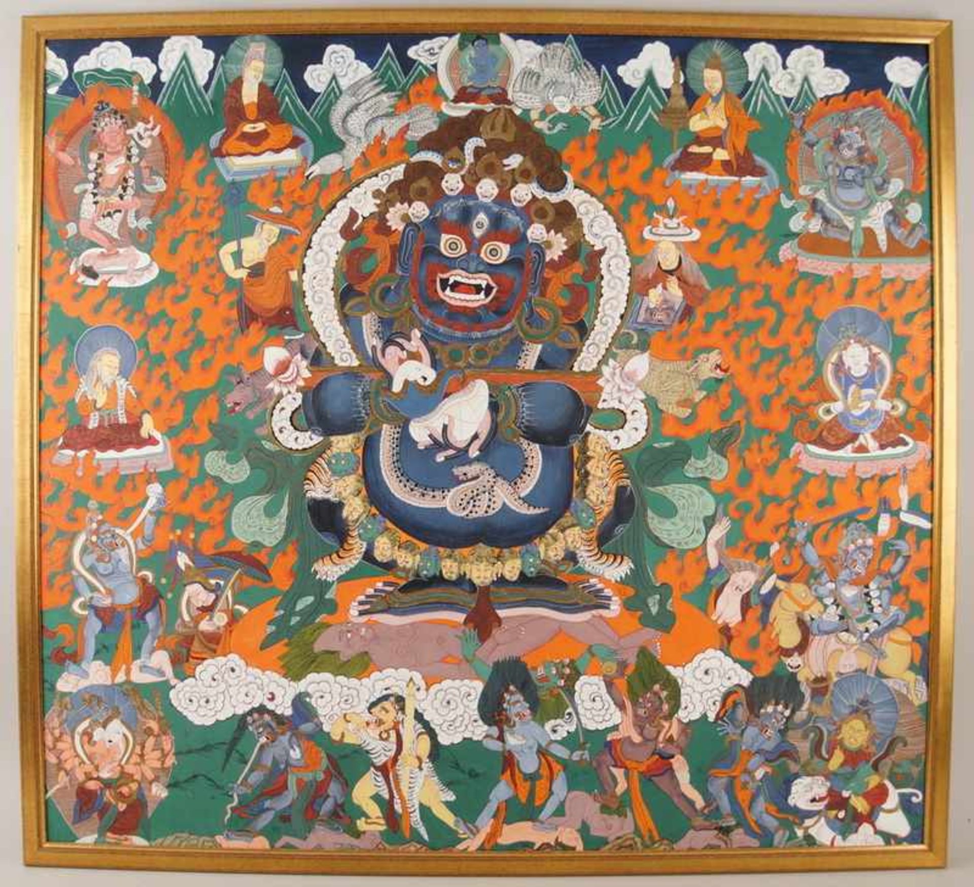 Tibetanische Thanka / Thanga auf zartem Stoff gemalen, fixiert auf Holzplatte, sehrfiligran, wohl um