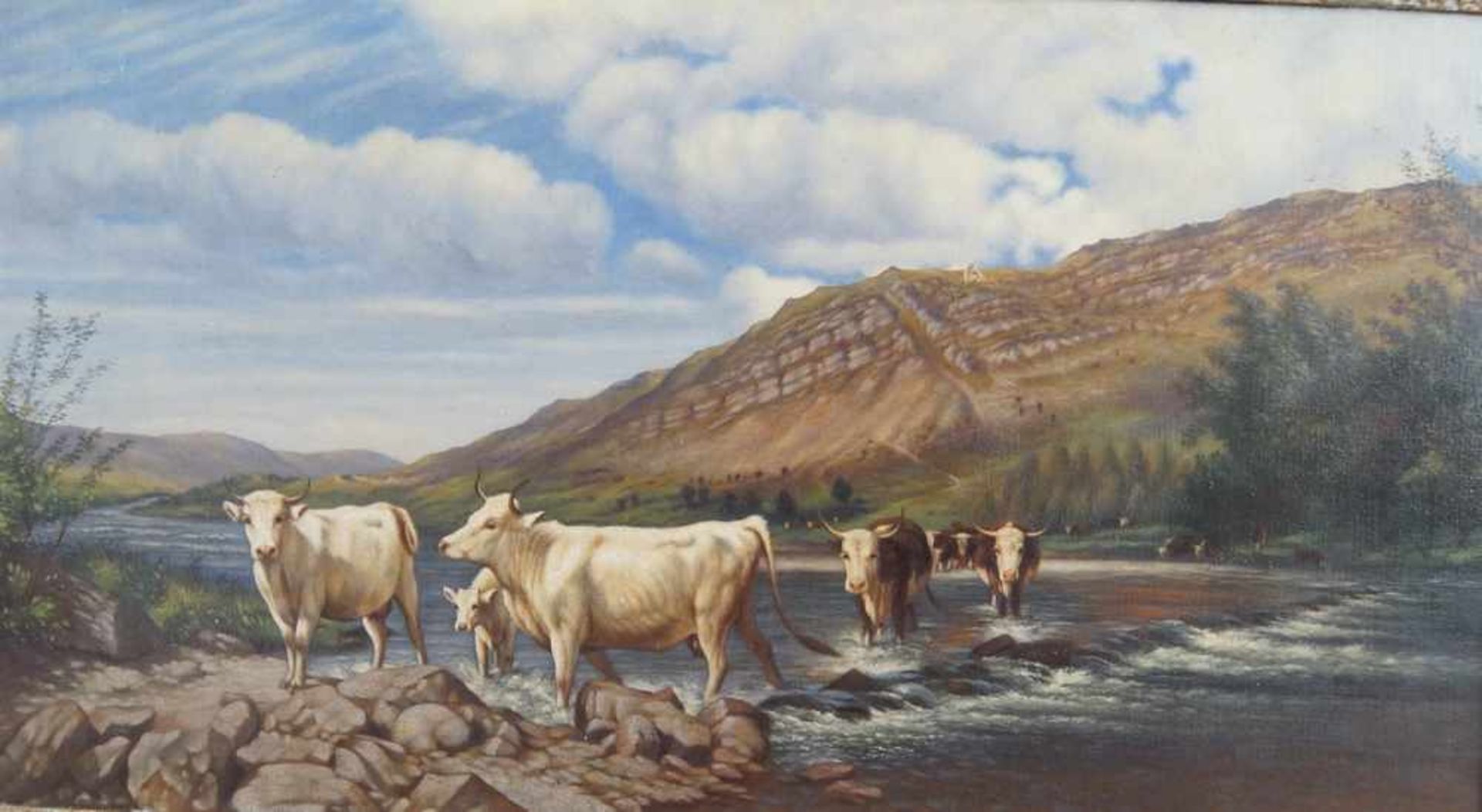 Kühe am Fluss, auf der Rückseite bezeichnet, Öl auf Leinwand, gerahmt, besch., 45x76cm- - -24.00 % - Bild 4 aus 7