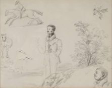 Rayski, Ferdinand vonBlei/Papier. Studienblatt mit Landschaft, ganzfigurigem Herrenporträt,