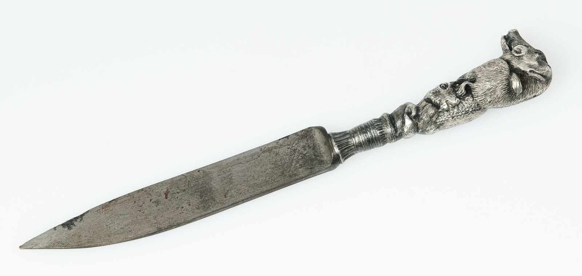 Barockes TafelmesserEinschneidige Klinge mit tauschierter Klingenmarke. Figürlicher Silbergriff - Bild 2 aus 4