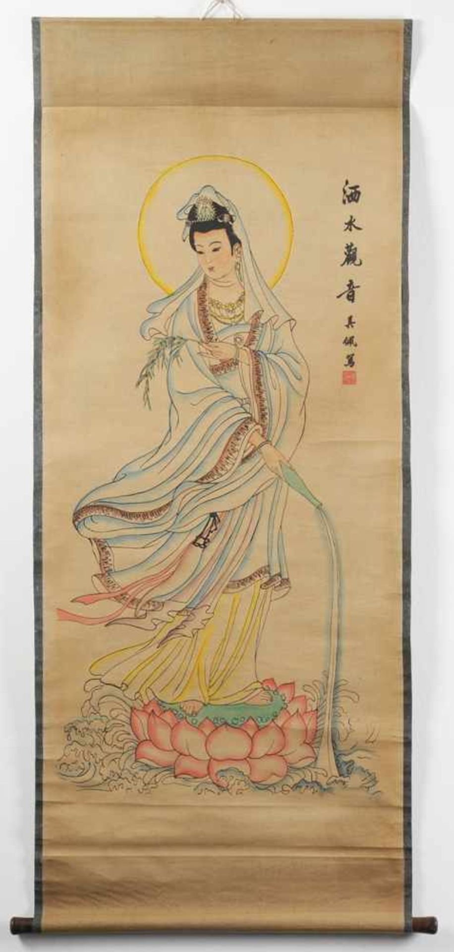 Chinesische RollbildmalereiTusche u. Farbe auf Papier. Darstellung einer Unsterblichen - wohl He