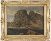 Unbekannt(Deutscher Maler, um 1900) Öl/Karton. Norwegische Küstenlandschaft mit aufragendem
