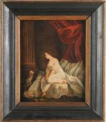Unbekannt(Deutscher Maler, 2. H. 19. Jh.) Öl/Holz. Junge Frau mit Hündchen im Boudoir. Holztafel