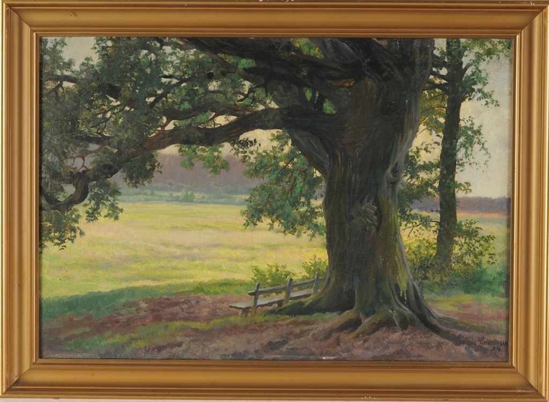 Lang, Heinrich(Deutscher Maler, 1. H. 20. Jh.) Öl/Malpappe. Landschaft mit Sitzbank unter altem