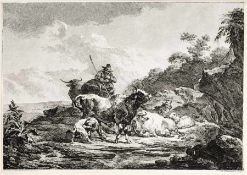 Pfenninger, Matthias(Zürich 1739 - 1813) Radierung. Rastender Hirte mit Vieh in Landschaft. Gest.