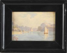 Rae(Australischer o. englischer Maler, um 1900) Aquarell/Papier. Uferlandschaft mit Segelbooten u.