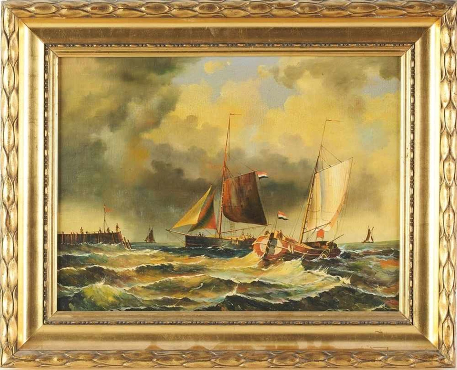 Unbekannt(Niederl. Maler, wohl 19. Jh.) Öl/Lwd. Seestück, Schiffe am Pier, mit zahlreichen
