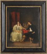 Unbekannt(Deutscher? Maler, E. 18. Jh.) Öl/Lwd. Interieurbild mit am Tisch sitzender Dame u. ihr