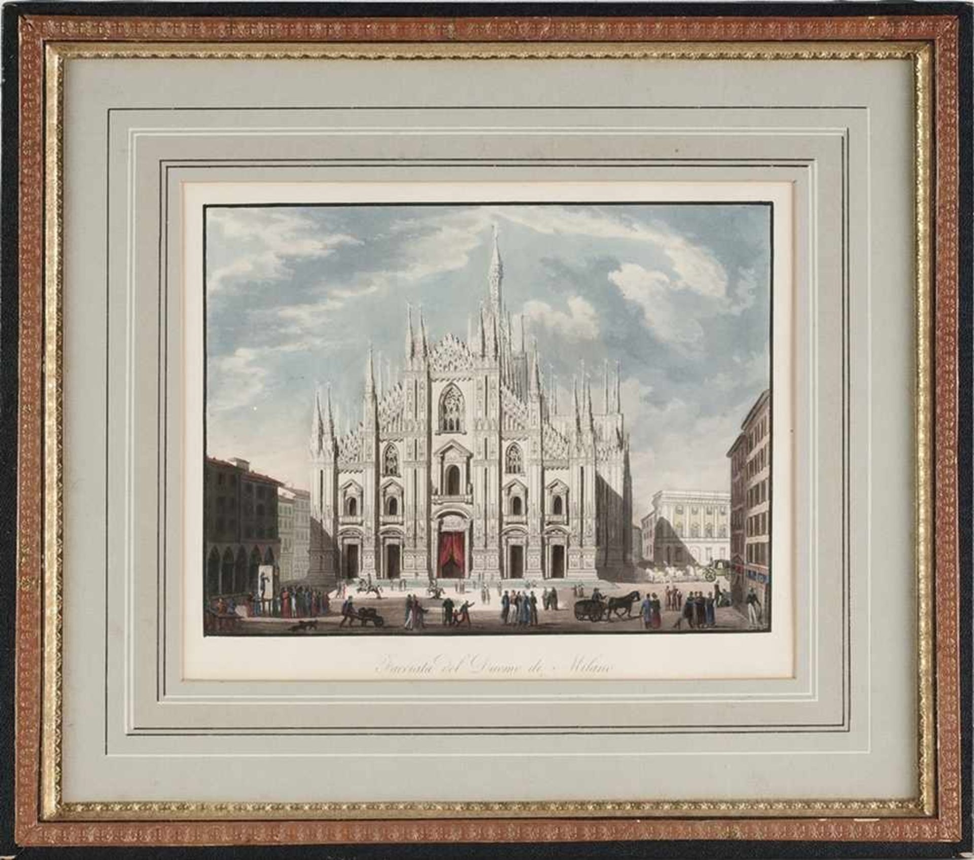 Ansicht Mailänder DomLithographie, handkoloriert. "Facciata del Duomo di Milano", Blick auf die - Bild 2 aus 2