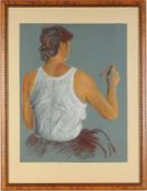 Unbekannt(Deutscher Maler, 20. Jh.) Pastell/blaues Papier. Rückenansicht einer sitzenden jungen Frau