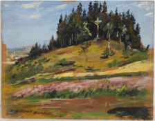 Kant, Richard(Breslauer Maler, 1. H. 20. Jh.) Öl/Karton. Kleine Landschaft mit Kruzifix auf Hügel.