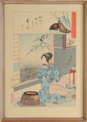 Chikanobu, ToyoharaFarbholzschnitt. Bijin-ga. Darstellung einer am Fenster sitzenden jungen Frau