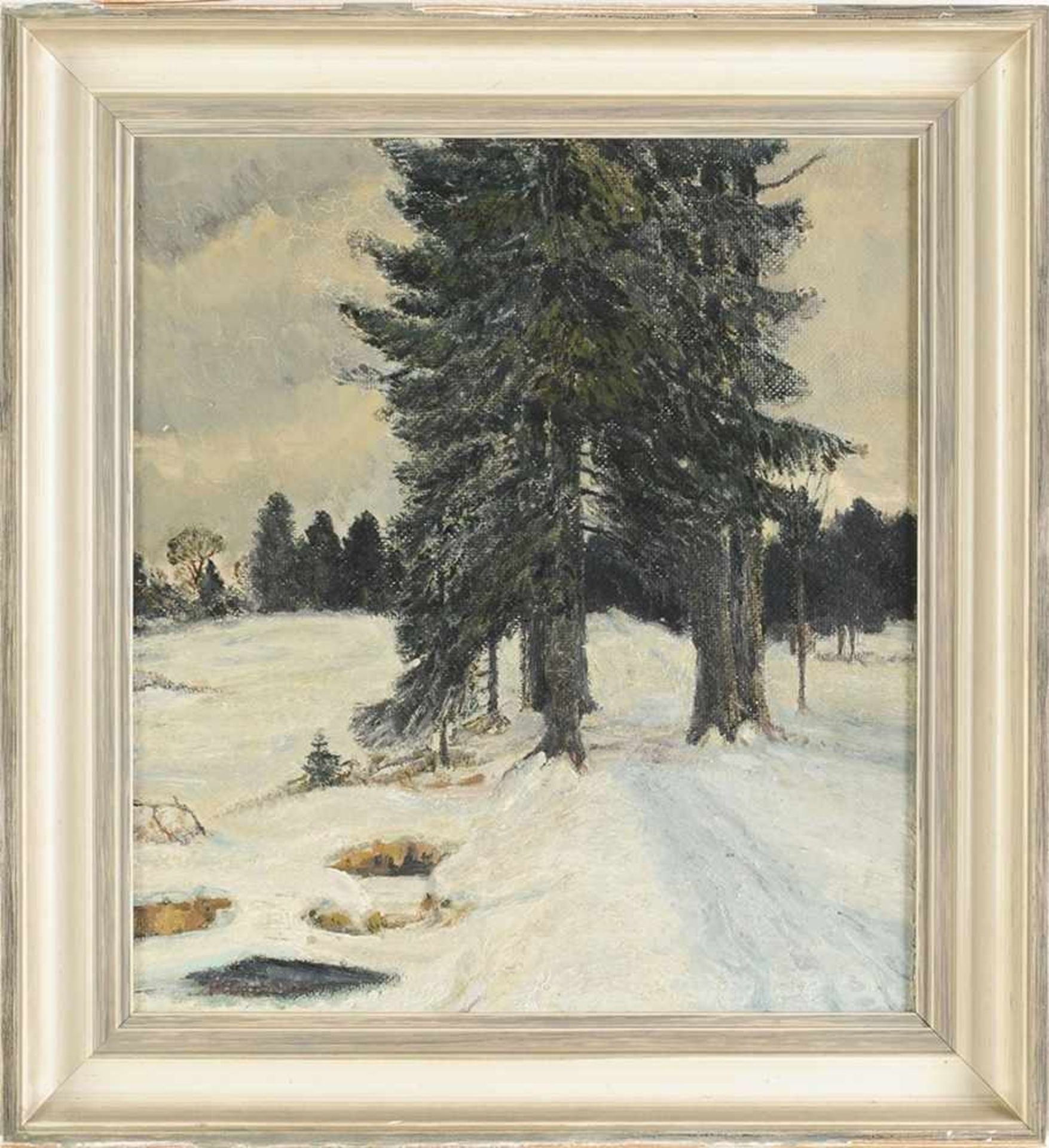 Geisbilsch, P.(Deutscher Maler, M. 20. Jh.) Öl/Hartfaser. Winterlandschaft mit Baumgruppe vor