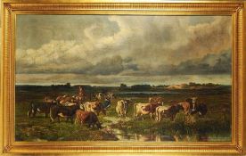 Unbekannt(Wohl deutscher Maler, 2. H. 19. Jh.) Öl/Lwd. Weite Landschaft mit Viehherde u. Hirten