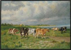 Unbekannt(Deutscher Maler, E. 20. Jh.) Öl/Lwd. Weite Uferlandschaft mit weidendem Vieh. 42 x 59,5