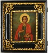 Ikone Heiliger PanteleimonÖl/Holz. Darstellung d. Heiligen Panteleimon mit Goldnimbus auf grünem