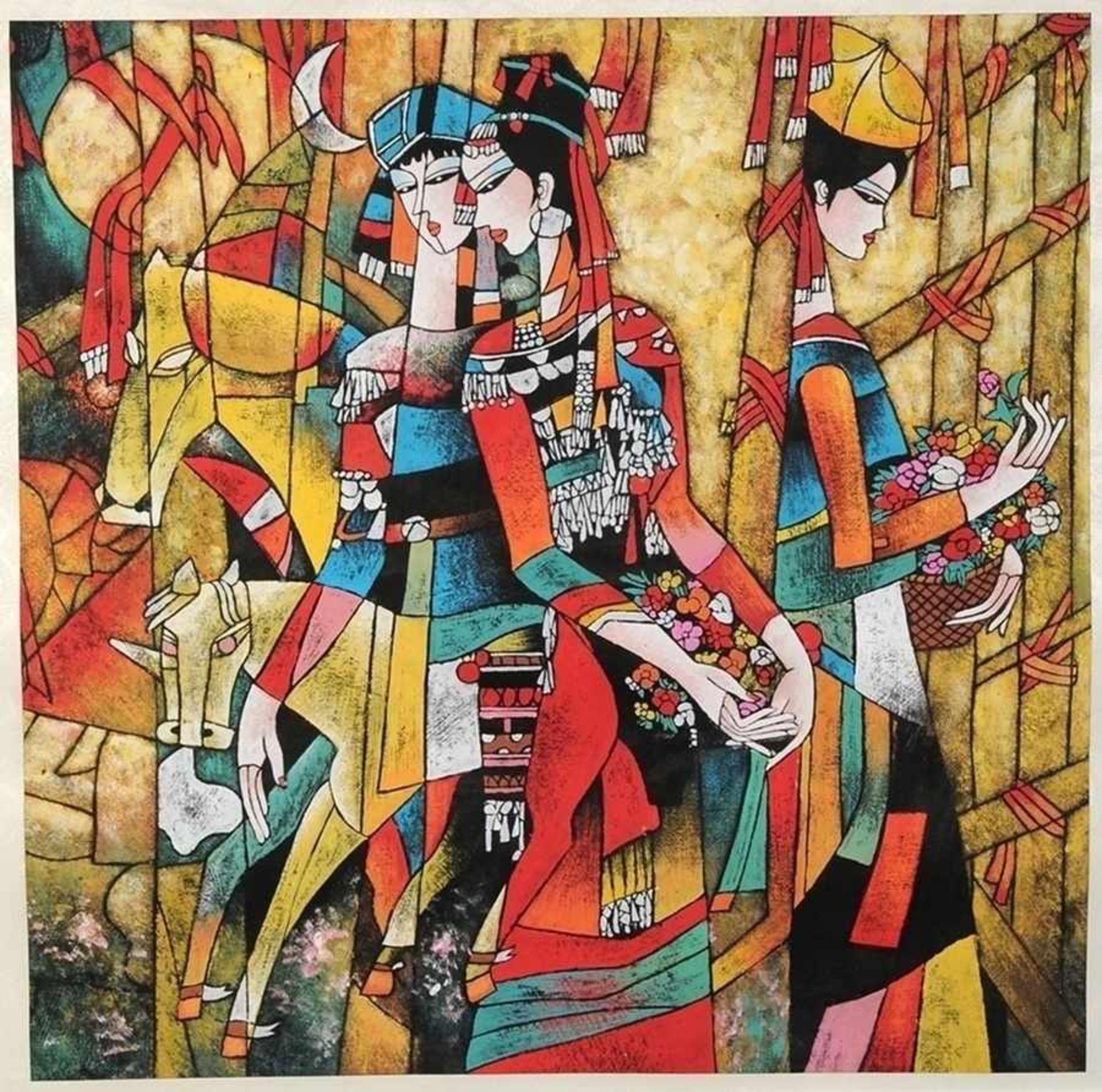 Vier moderne chinesische MalereienGouache/ Mischtechnik. Versch. figürliche Kompositionen. Nicht