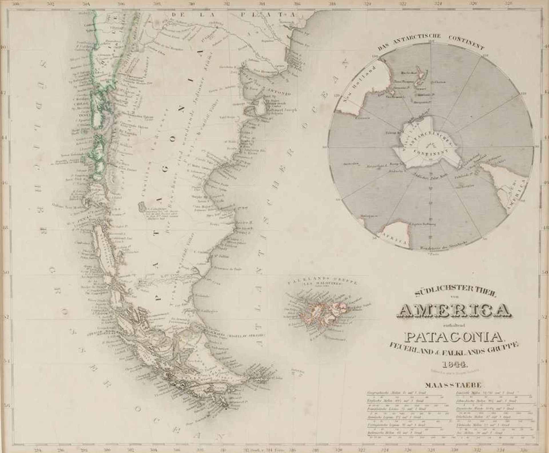 Karte PatagonienStahlstich, part. grenzkoloriert. "Südlichster Theil von America enthaltend