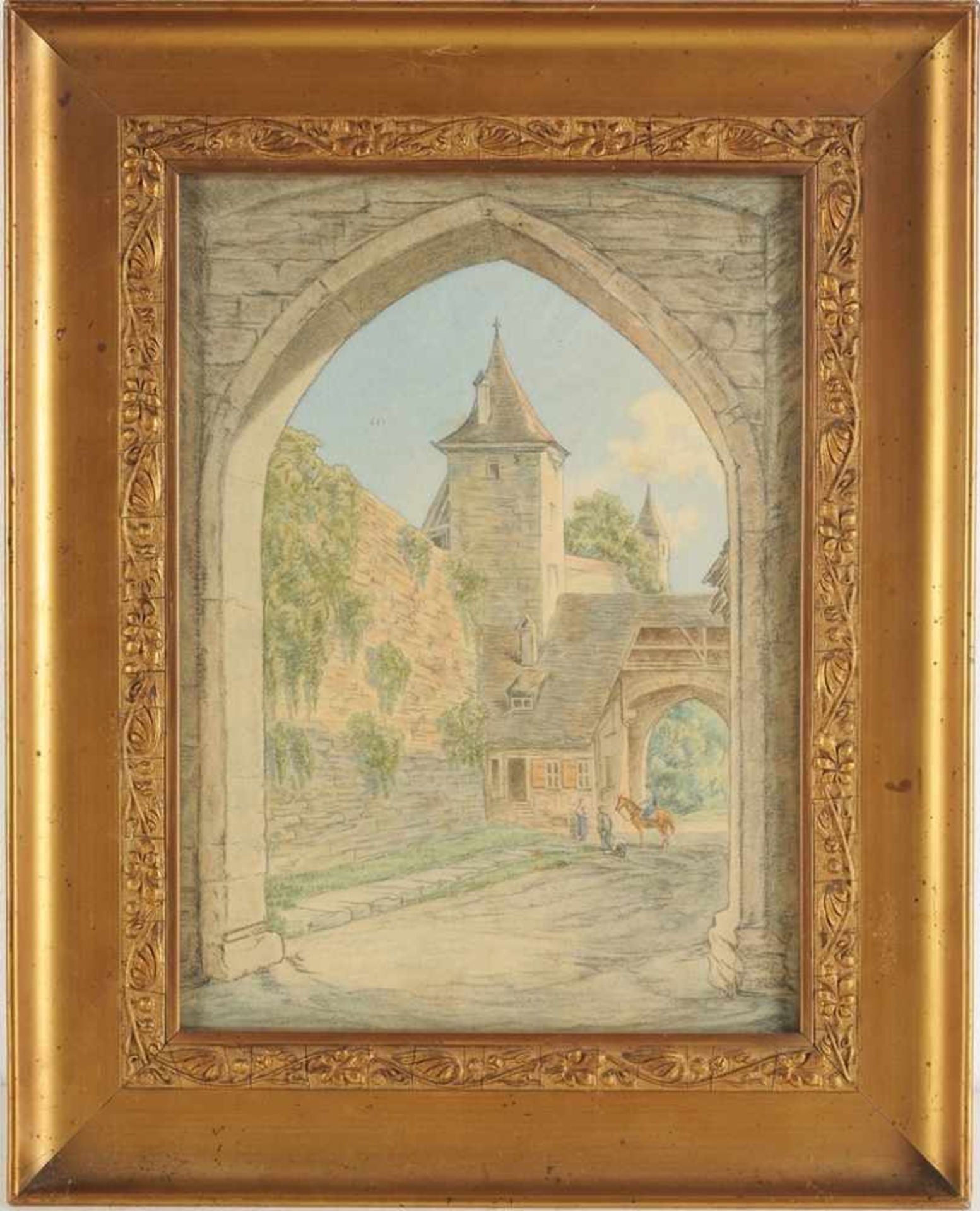 Unbekannt(Deutscher Maler, um 1900) Blei, Aquarell/Papier. Blick durch einen Spitzbogen auf eine