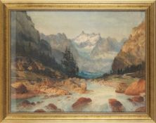 Schleich d. J., Eduard(München 1853 - 1893) Aquarell/Papier. Alpine Landschaft mit Gebirgsbach. L.