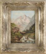 Unbekannt(Deutscher Maler, E. 19. Jh.) Öl/Presspappe. Kleine alpine Landschaft mit Gebirgsbach u.