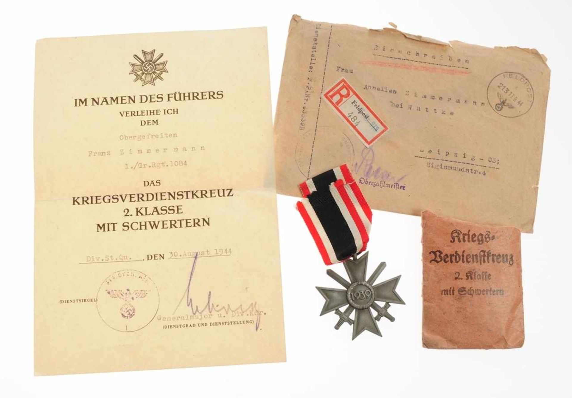 Kriegsverdienstkreuz 2. Klasse mit Schwertern und UrkundeMit Band. Verleihungsurkunde für einen