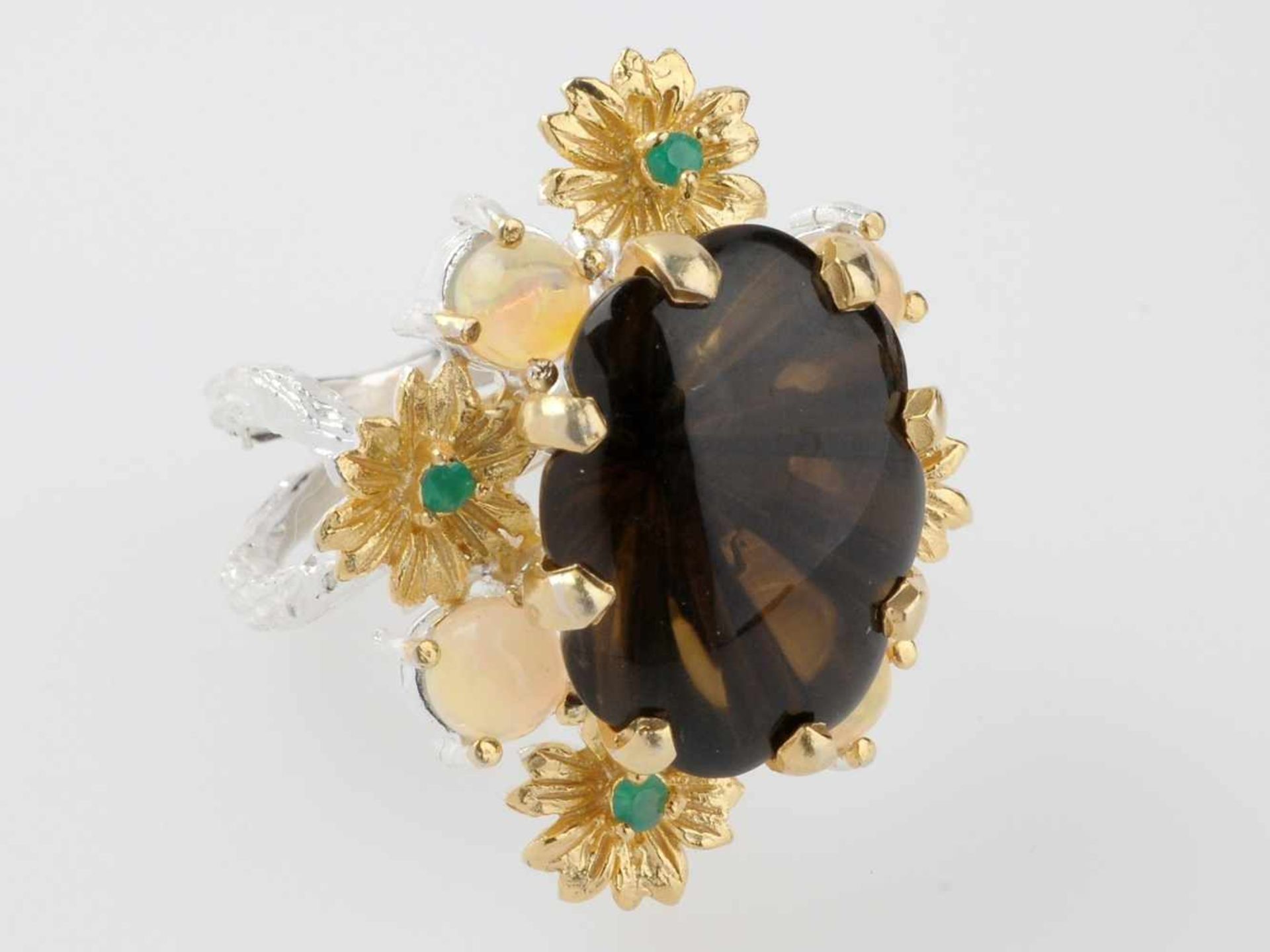 Designer-Ring mit Rauchtopas925er Silber, part. vergoldet. Vegetabil gestaltete, zweisträngige