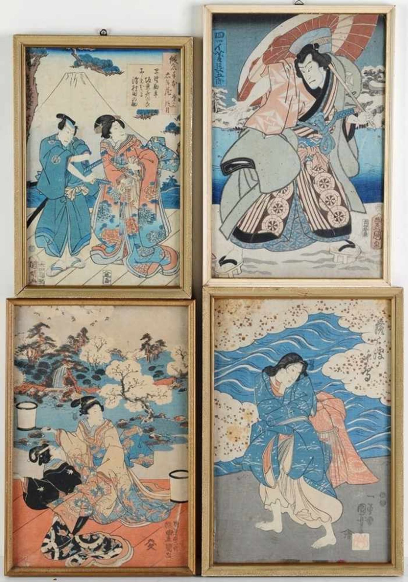 Vier FarbholzschnitteVersch. Motive im Hochformat, u.a. Darstellung von Kabuki-Szenen. Versch.