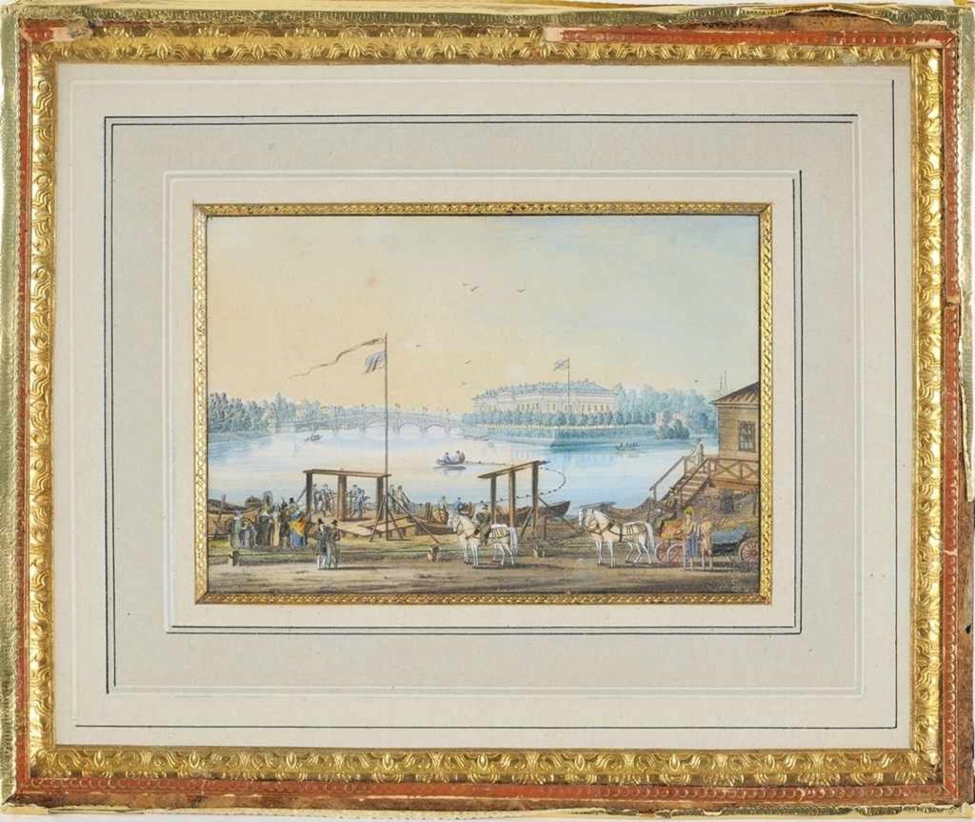 Ansicht St. PetersburgHandkolorierte Lithographie. Blick auf die Kamennij-Insel mit