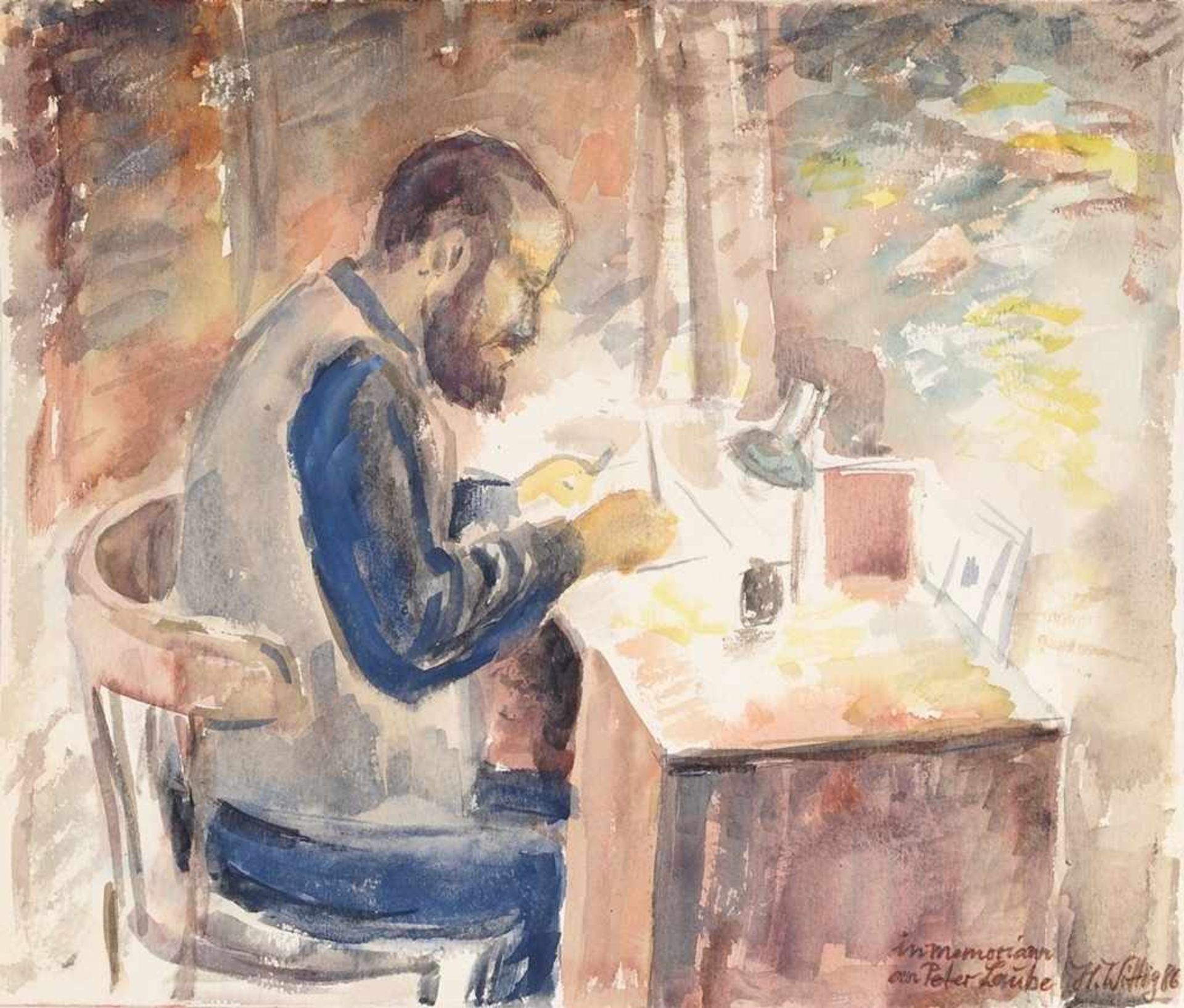 Wittig, Heinrich(Leipzig 1941 - 2016) Aquarell. Porträt des Künstlers Peter Laube beim Zeichnen.