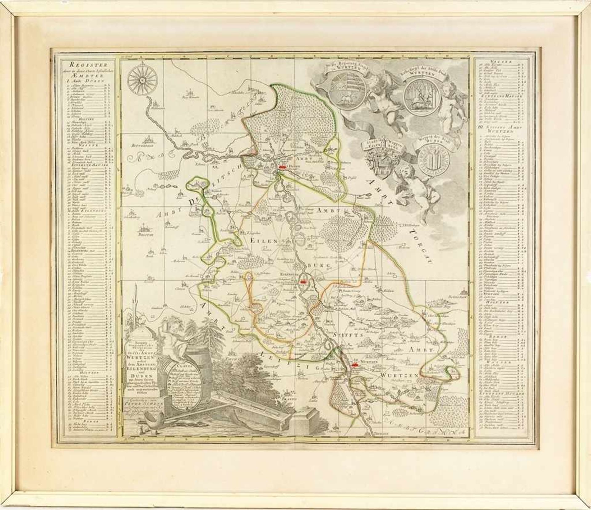 Karte Wurzen, Eilenburg und DübenKupferstich, part. grenzkoloriert. "Accurate Geographische