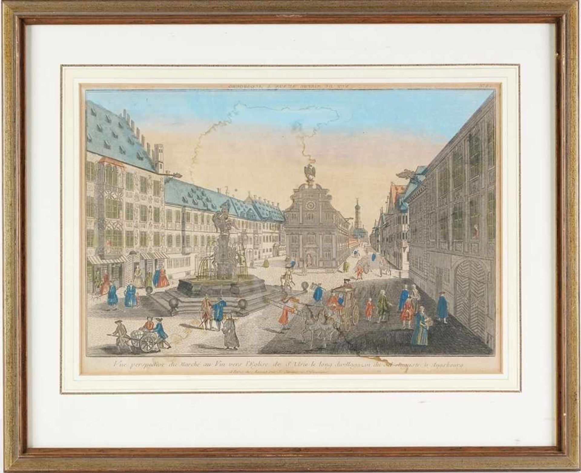 Ansicht AugsburgKupferstich, part. koloriert. Guckkastenblatt. "Vue perspective du Marché au Vin