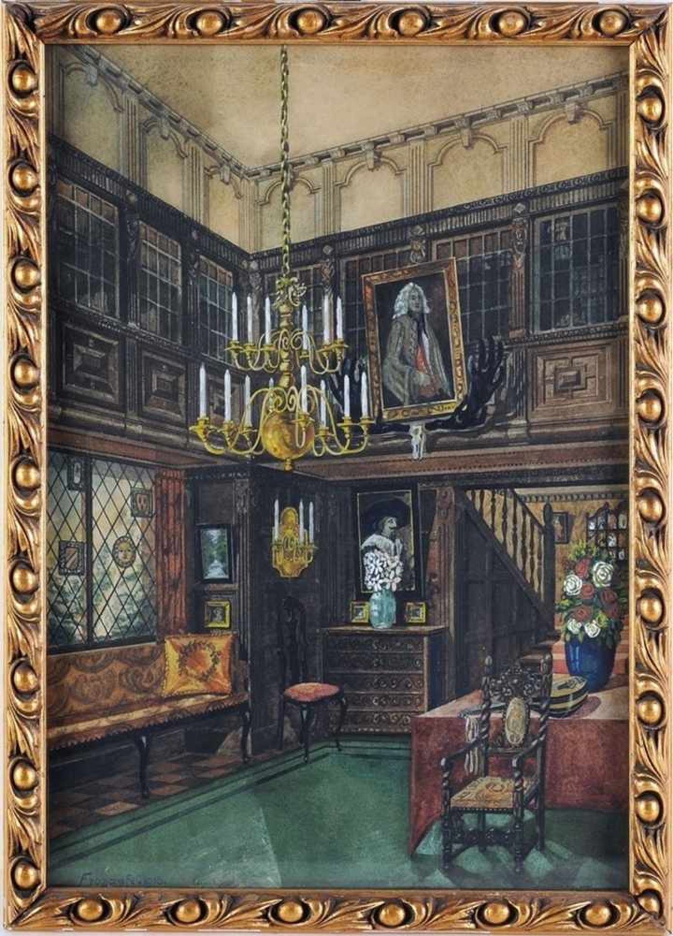 Fronap(Deutscher Maler, 1. V. 20. Jh.) Aquarell, Mischtechnik/Papier. Herrschaftliches Interieur. L.