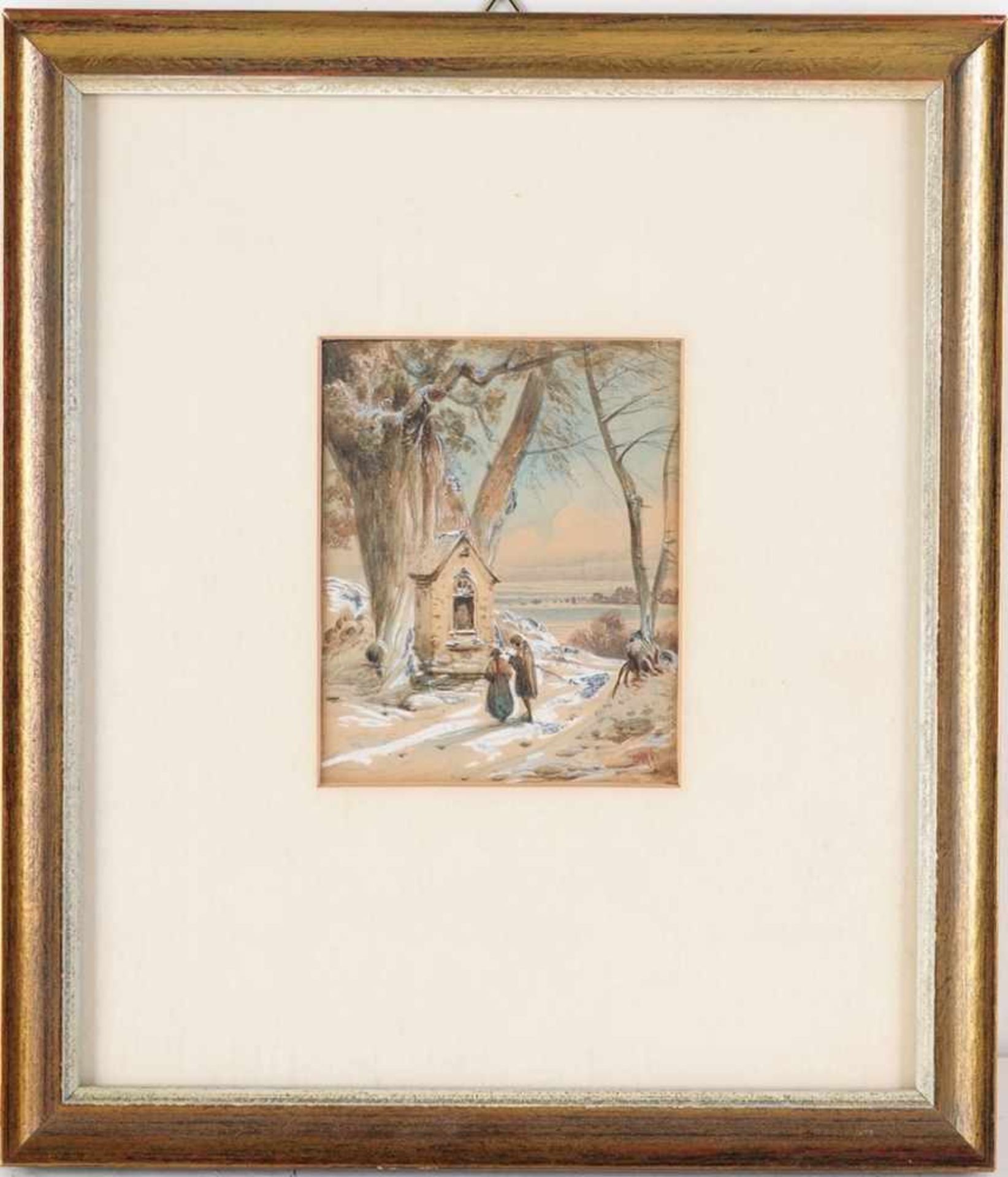 Monogrammist O.R.(Deutscher Maler, M. 19. Jh.) Aquarell über Blei/Papier. Winterliche Landschaft mit