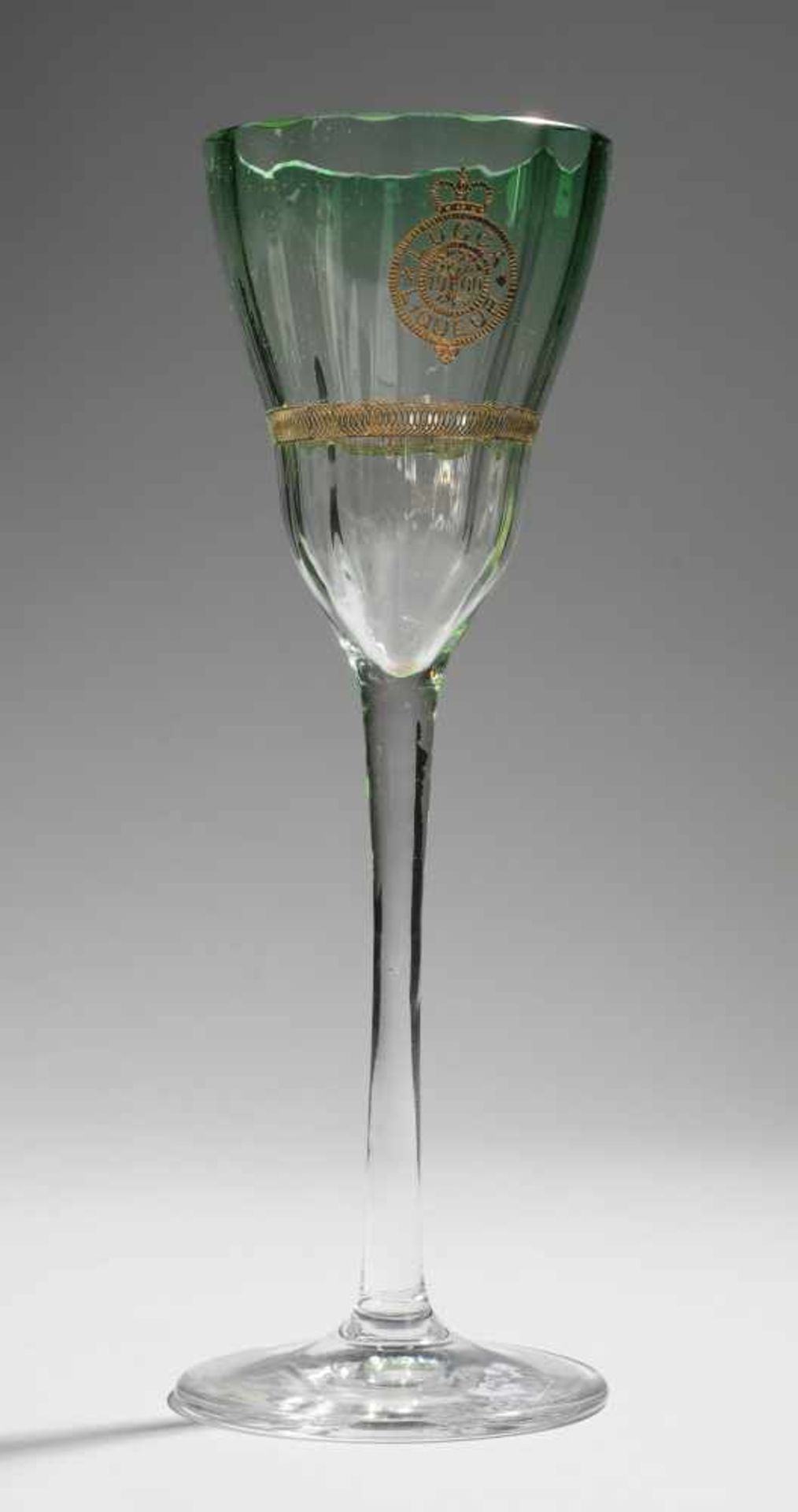 Jugendstil-Kelchglas "Lucca Liqeur"Farbloses Glas, von der Mündung her grün verlaufend