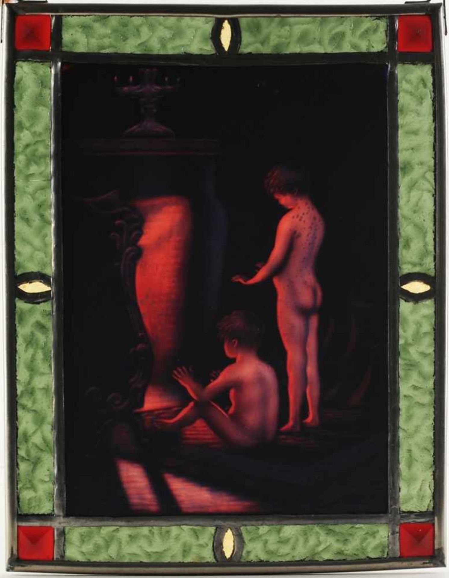 FensterbildIm bleiverglasten Rahmen Tafel mit Darstellung d. Gemäldes "Nach dem Bade" v. Paul