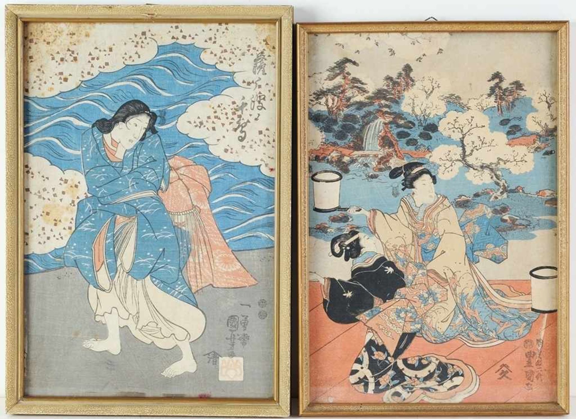 Utagawa Kuniyoshi(Edo 1798-1861) 2 Bl. Farbholzschnitt. Darstellungen versch. Kabuki-Szenen. Sign.