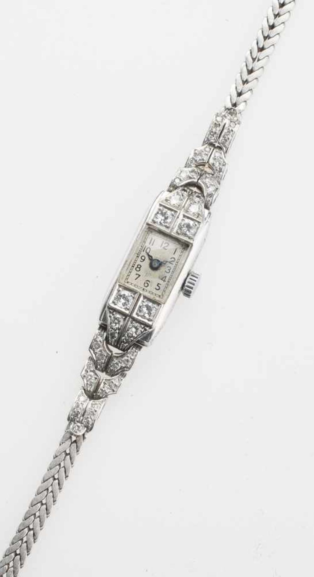 Art-Déco-Damen-Armbanduhr mit Brillanten585er WG. Rechteckiges Gehäuse. Silbernes Ziffernblatt mit