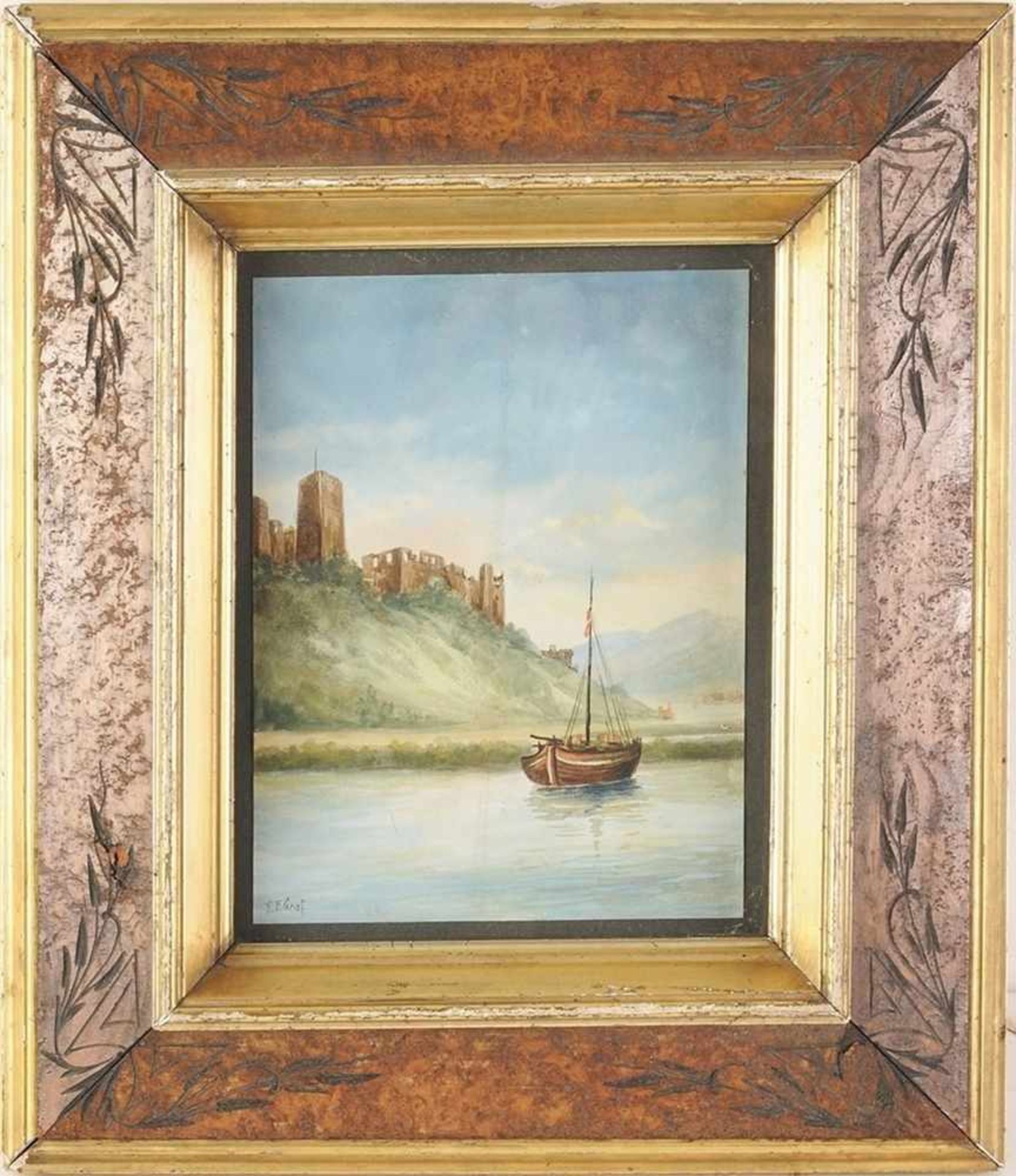 Graf, R.E.(Deutscher Maler, 1. H. 20. Jh.) Aquarell/Papier. Kleine Flusslandschaft mit Boot u.