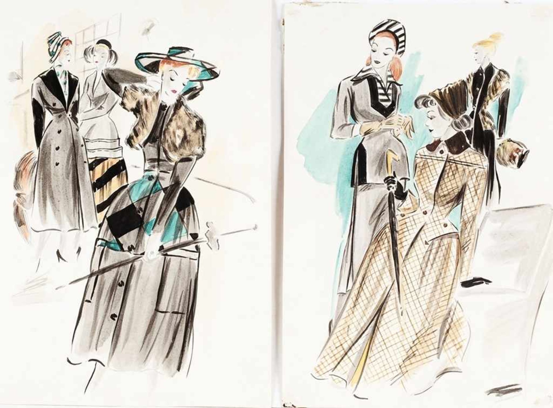 Precht, Elisabeth(Leipzig 1922 - 2014) Aquarell, Tusche/ Papier. 2 Bl. Damenmode-Illustrationen.