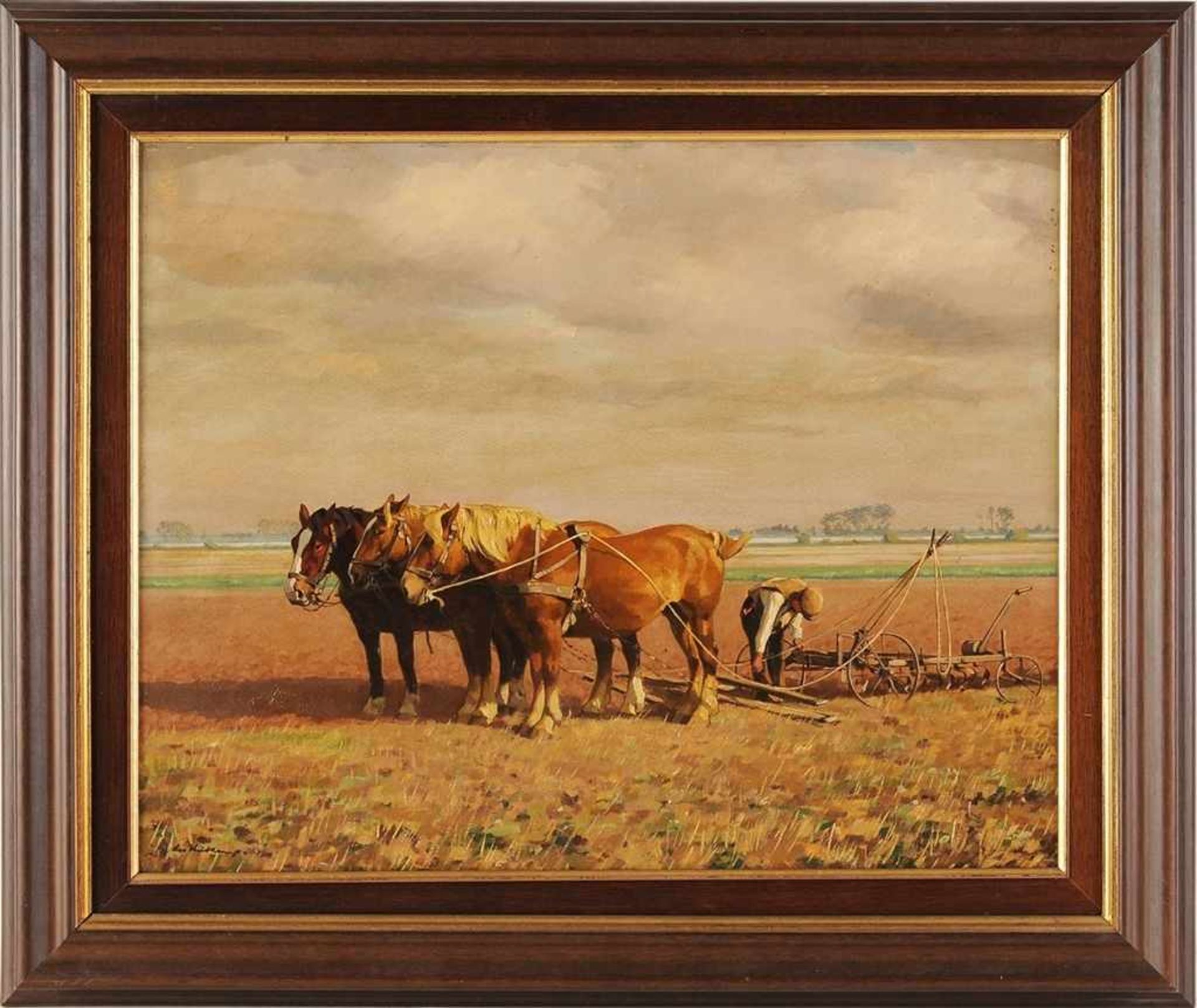 Heidkamp, Leo(Düsseldorfer Maler, 1930er Jahre) Öl/Sperrholz. Weite Landschaft mit Bauer u.