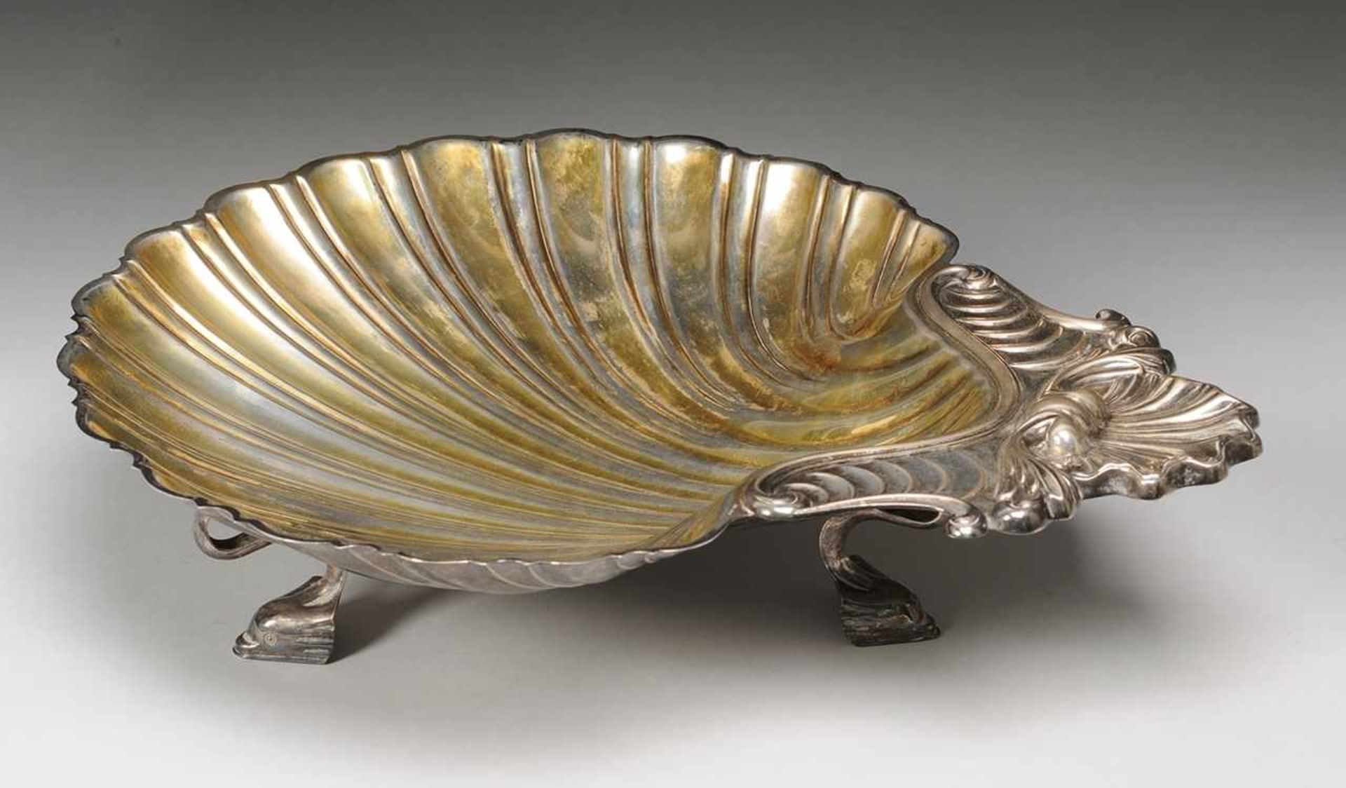 Große Anbietschale800er Silber. Schale in Form einer Muschel. Delfinfüße. Innenvergoldung. - Bild 3 aus 3