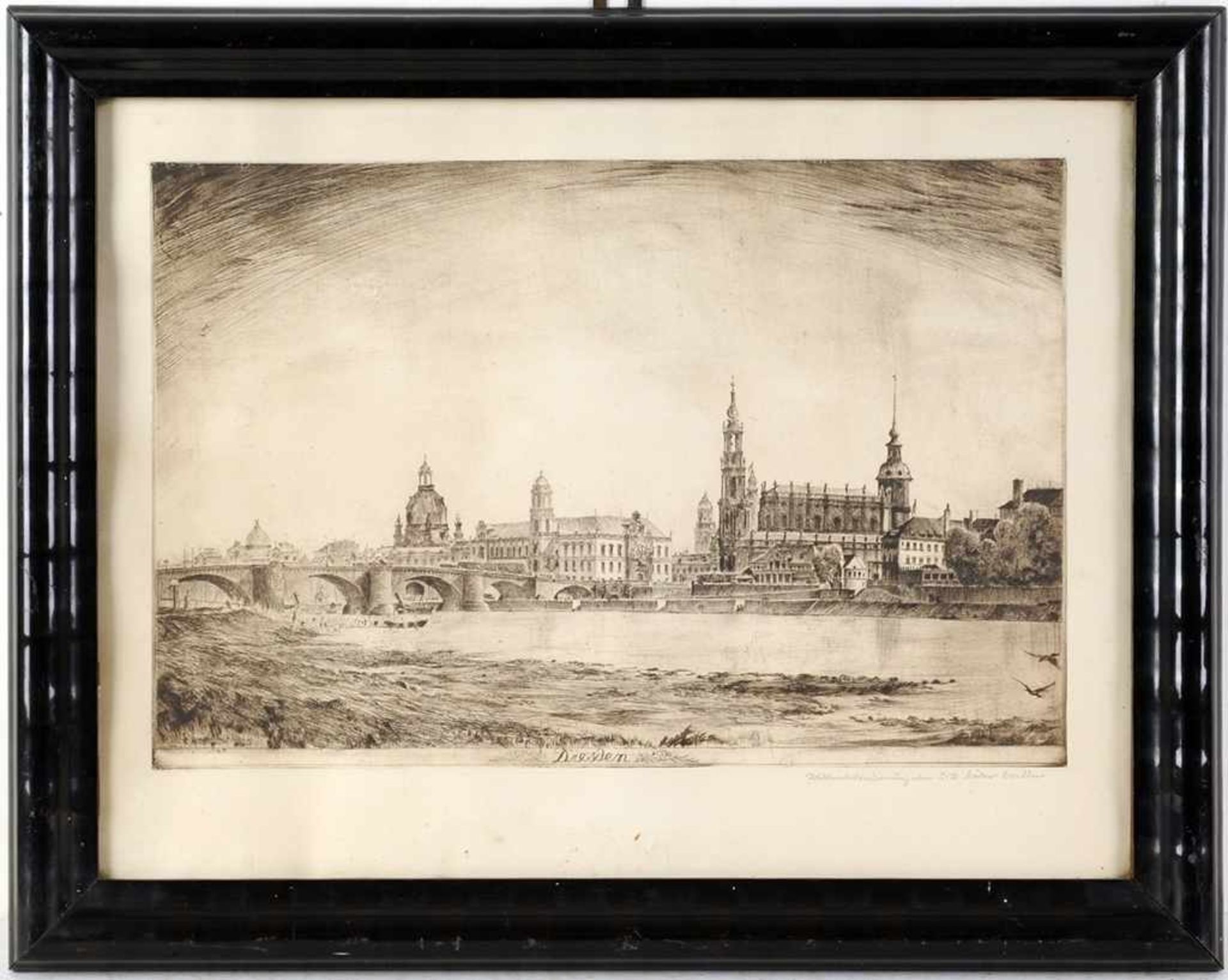 Ansicht DresdenKaltnadelradierung. "Dresden", Blick über die Elbe auf die Altstadt von Dresden mit - Bild 2 aus 2